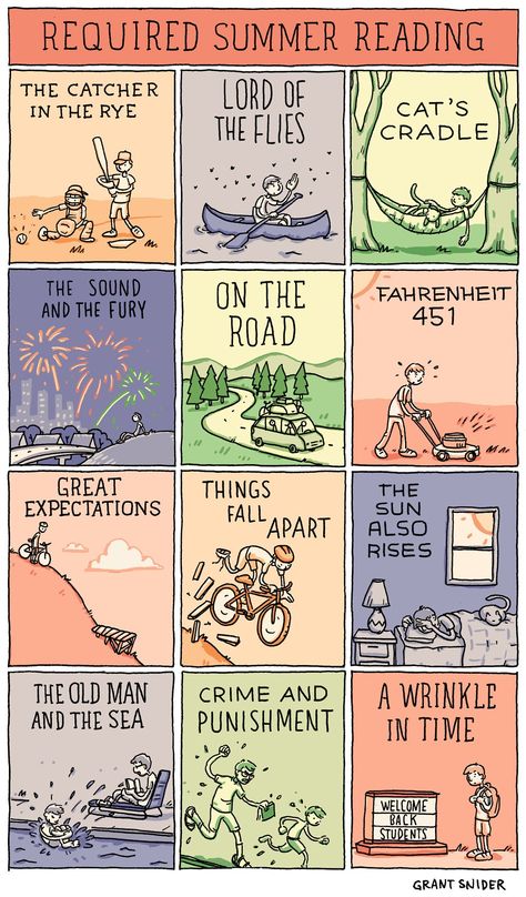 In this comic, Grant Snider of Incidental Comics redesigns the covers of classic books to describe the various aspects of your summer. Reading Cartoon, Summer Reading Lists, Up Book, Fun Comics, Summer Reading, Classic Books, I Love Books, Love Reading, Comic Strip