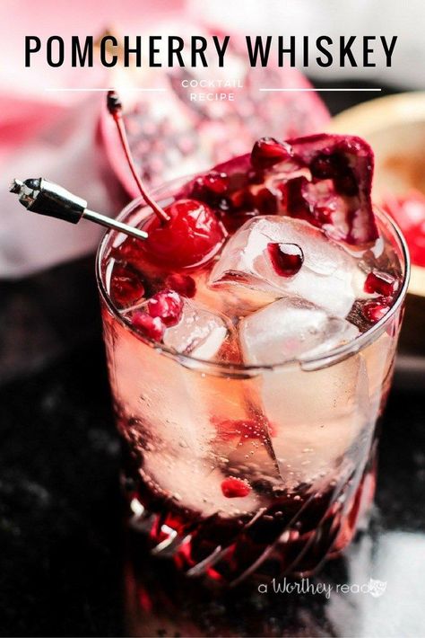 Our PomCherry Whiskey is mixed with Pomegranate, Cherry, and a little whiskey. This elegant drink is great for a nightcap, or an impressive way to wow your party guests. Either way, this refreshing whiskey drink is one to add to the cocktail menu. Giggle Water, Cherry Whiskey, Boat Drinks, Cocktail Inspiration, Cocktail Recipes Whiskey, Whisky Cocktail, Whisky Cocktails, Whiskey Cocktail, Coffee Cart