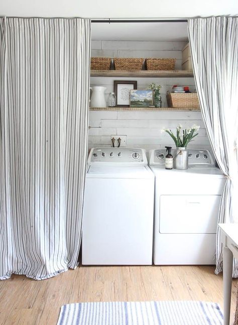 Farmhouse Laundry Room Makeover | Rooms FOR Rent Blog Closet Laundry Room Doors, Laundry Curtain Ideas, Laundry Room Curtain Door, Curtains For Laundry Room, Laundry Room Curtains, Hidden Laundry Rooms, Laundry Room Storage Shelves, Hidden Laundry, Small Laundry Room Organization