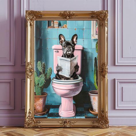 Choose between semi-gloss (180gsm), or matte (200gsm), and bring your artwork to life in stunning detail. Add some fun and whimsy to your bathroom decor with this delightful French Bulldog Wall Art print. This charming piece features a cute French Bulldog that will bring a smile to your face every time you see it. Perfect for dog lovers and those who appreciate unique and humorous artwork, this Bathroom Art Print is a great addition to any bathroom wall. Give your space a touch of personality wi Funny Dog Art Prints, Bathroom Funny Art, Pool Bathroom Decor, Bathroom Decor Toilet, Toilet Wall Art, Black French Bulldog, Wall Art For Bathroom, Fun Bathroom, Black French Bulldogs