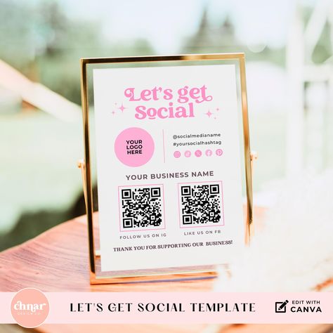 Lets Get Social Printable Sign, Connect With Us on Social Media QR Code, Follow Us on Instagram Template, Pop Up Event Small Business Sign PLEASE NOTE - this is a digital download / template. No physical product will be shipped. Once you have placed your order you will receive a link to edit your template online using the free software Canva. No waiting - get access immediately! -------------------------------------------------------------------------------------- Boost your social media presenc Follow Our Social Media, Qr Code Ideas, Instagram Qr Code Design, Vendor Social Media Sign, Social Event Ideas, Lets Connect Social Media Sign, Follow Us On Social Media Sign, Lets Be Social Sign Business, Let’s Get Social Acrylic Sign