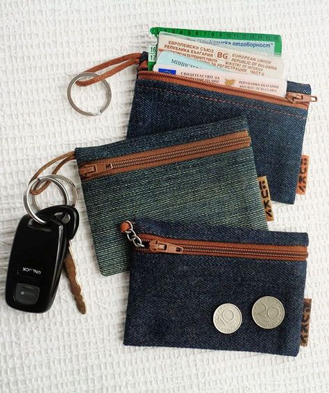 Old Jeans Projects, Denim Keychain, Car Documents, Denim Bag Diy, Denim Bag Patterns, Denim Crafts Diy, Upcycled Jeans, Blue Jeans Crafts, Diy Wallet