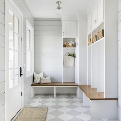 Built-In Benches in an Entry Light Blue Grey Paint, Traditional Laundry Room, Laundry Room/mudroom, Blue Gray Paint Colors, Checkerboard Floor, Blue Gray Paint, Mudroom Entryway, Mudroom Decor, Mudroom Laundry Room