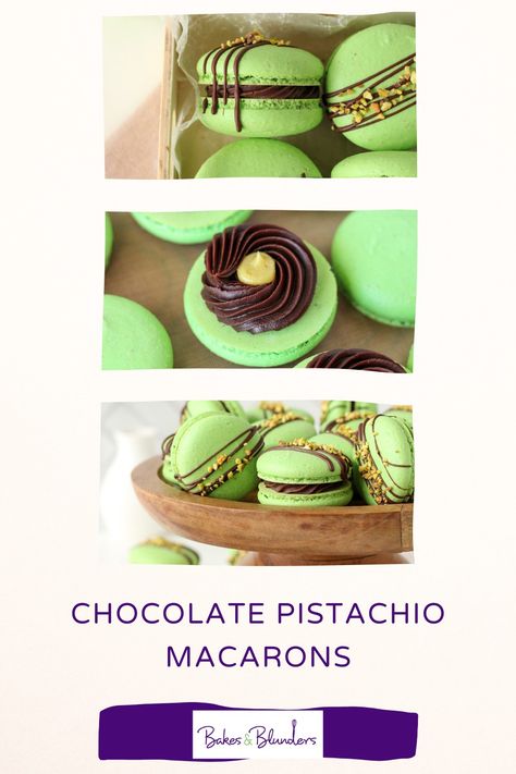 Chocolate Pistachio Macarons - Bakes and Blunders Pistachio Creme, Difficult Recipes, Pistachio Macaron, Strawberry Tartlets, Macaron Template, Pistachio Chocolate, Chocolate Macarons, Macaron Filling, Chocolate Pistachio