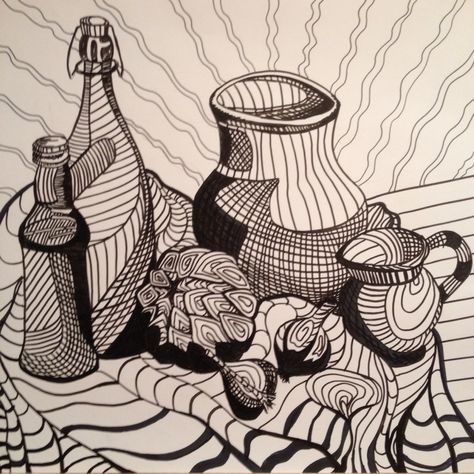 Line still life Graphic Still Life, Line Drawing Still Life, Drawing Pens, Geometric Design Art, Hinduism Art, Still Life Drawing, High School Art, Op Art, Life Drawing