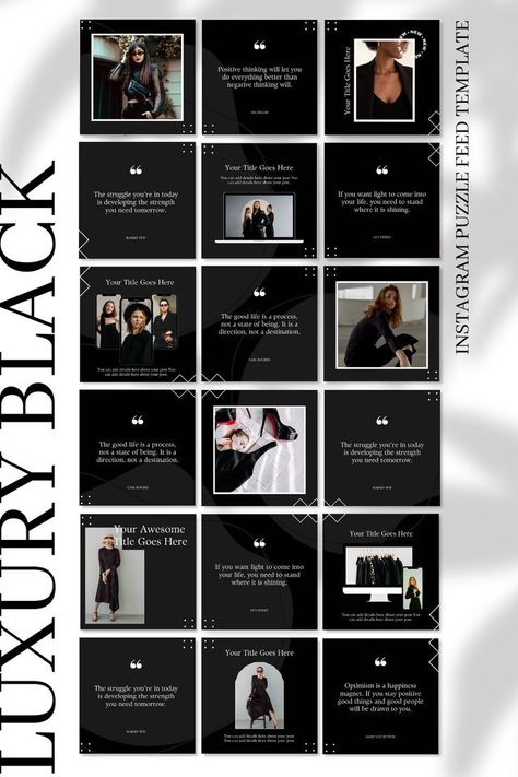 Instagram Puzzle Feed Template. Editable in Canva. 18 Luxury Black Instagram Posts. Fashion.Elegant Black White Gold Instagram Feed, Luxury Instagram Feed Design, Instagram Feed Theme Layout Business, Instagram Black And White Feed, Luxury Brand Instagram Feed, Luxurious Instagram Feed, Black And White Feed Instagram, Black Ig Feed, Black Feed Instagram