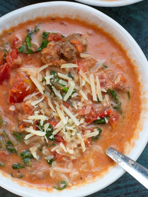 Soup With Sausage And Spinach, Creamy Tomato Soup Recipe, Soup With Sausage, Sausage And Spinach, Classic Grilled Cheese, Italian Sausage Soup, Sour Cream Chicken, White Bean Salad, Creamy Tomato Soup