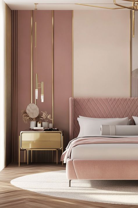 Pink and gold bedroom ideas for teens create a playful and stylish space. Explore blush pink walls, gold accent furniture, and metallic bedding. Discover pink velvet headboards, gold-framed mirrors, and rose gold light fixtures. Find inspiration for pink and gold throw pillows, delicate gold wall decals, and plush pink carpets to design a dreamy and sophisticated sleeping space that combines softness with glamour. Rose Gold Accent Wall Bedroom, Pink Velvet Bed Bedroom Ideas, Navy Blush Gold Bedroom, Pink Bed Frame Bedroom Ideas, Blush Pink And Gold Bedroom, Pink Headboard Bedroom Ideas, Pink And Gold Bedroom Decor, Pink And Gold Room Ideas, Light Pink Bedroom Aesthetic