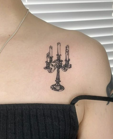 Candlestick Tattoo, 93 Tattoo, Candle Tattoo Design, Chandelier Tattoo, Victorian Tattoo, Emo Tattoos, Candle Tattoo, Funky Tattoos, Goth Tattoo