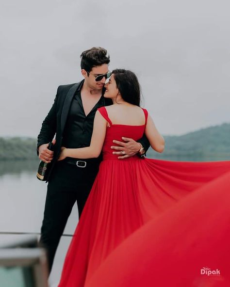 Pre Wed Dresses Ideas, Couple Dress For Photoshoot, Red Gown Pre Wedding Shoot, Tell Gown Pre Wedding, Tail Gown For Pre Wedding Photoshoot, Couple Poses Western Dress, Pre Wedding Poses Western Dress, Western Pre Wedding Shoot, Dumping Yard Photoshoot