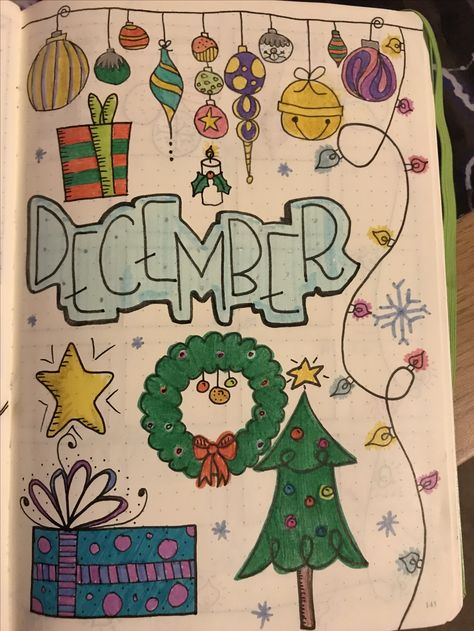 December Front Page, Bullet Journal Weekly Planner, Journal Weekly Planner, Journal Drawing Ideas, Page Bullet Journal, 2024 Bullet Journal, Bullet Journal 2024, Colored Pencil Drawing Ideas, Holiday Homework