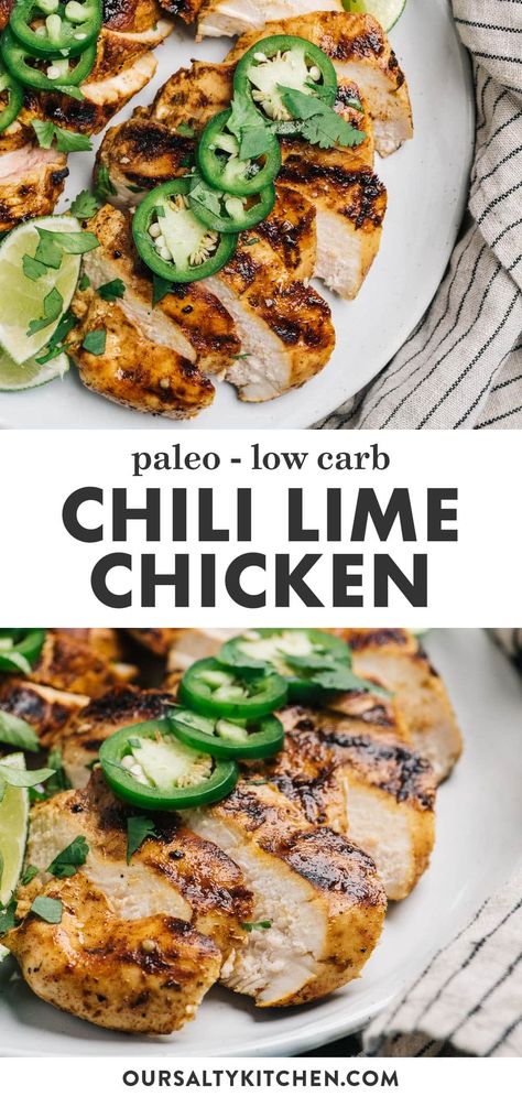 Transform boneless skinless chicken breasts into a tender, juicy, and super flavorful main dish with this simple chili lime marinade. Grilled Chili Lime Chicken is very easy to prep, and perfect for a healthy weeknight dinner. You can easily scale the heat up or down to make it more kid friendly, so it's a great choice for a family friendly meal that everyone will devour. #chicken #grilling #grilledchicken #lowcarb #paleo Whole 30 Spicy Chicken, Lime Chicken Breast Recipes, Sweet Chili Grilled Chicken, Chili Lime Marinade For Chicken, Chili Lime Chicken Marinade, Lime Chicken Marinade For The Grill, Chili Lime Marinade, Spicy Chicken Chili, Simple Chili