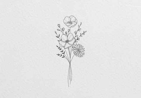 Dainty Aster Flower Tattoo, Unique Wildflower Tattoo, Cosmo And Daisy Tattoo, Wallflower Tattoo Design, 4 Flower Bouquet Tattoo, Morning Glory Aster Tattoo, September Birth Flower Tattoo Aster And Morning Glory, Aster And Morning Glory Tattoo September, Cosmos Flower Tattoo October