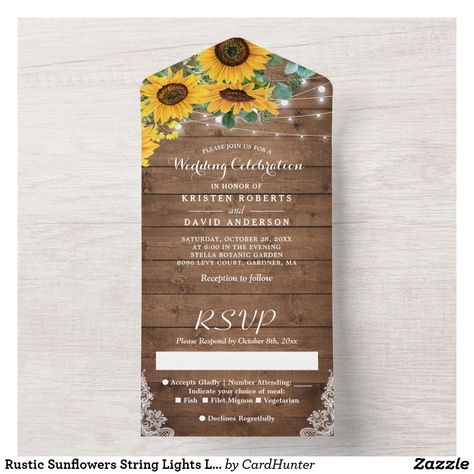 Rustic Sunflowers String Lights Lace Wedding All In One Invitation Sunflowers And Roses, Budget Wedding Invitations, Rsvp Postcard, Eucalyptus Wedding, Navy Blue Wedding, Watercolor Sunflower, Sunflower Wedding, Watercolor Wedding Invitations, Wedding In The Woods