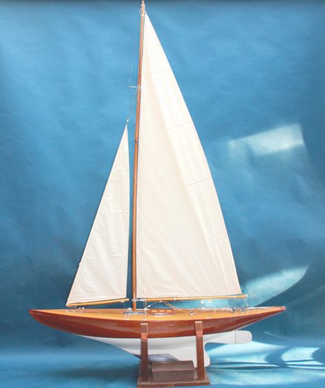 6 metre class model racing yacht  A very fine 6 meter class model racing yacht from c1935, a mahogany planked hull with fine chrome fittings and an original set of racing sails, an original stand with box of fittings, overall in exceptional original condition, they don't get much better than this. Canoe Sail, Boat Model, Yacht With Sails, Wooden Model Boat Kits, Wooden Fishing Boat, Model Ships Wooden, Solandge Yacht, Model Sailboats, Sailboat Decor