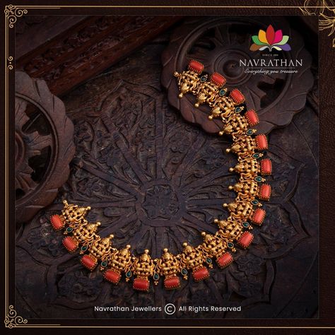 Don't Miss These Royal Looking Necklace Designs!! • South India Jewels Navarathan Jewellers, Navrathan Jewellers, Traditional Gold Necklace, Gold Necklace Sets, Coral Collection, Coral Jewelry Set, Temple Jewellery Earrings, Gold Temple Jewellery, Antique Necklaces Design