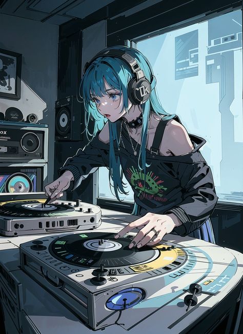 Dj Drawing Reference, Anime Dj Art, Dj Reference Pose, Dj Pose Reference, Cyberpunk Miku, Musician Character Design, Dj Character Design, Dj Sketch, Anime Musician