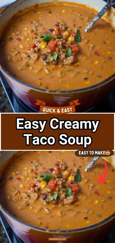 Everyone will lick their bowls with this creamy taco soup recipe that has ground beef, beans, corn, and the perfect taco spice blend! Creamy Beef Taco Soup Recipe, Creamy Taco Soup Recipe, Cheesy Taco Soup, Creamy Beef Taco Soup, Healthy Taco Soup, Shabbat Dinner Recipes, Ground Beef Soup Recipes, Creamy Taco Soup, Crockpot Taco Soup