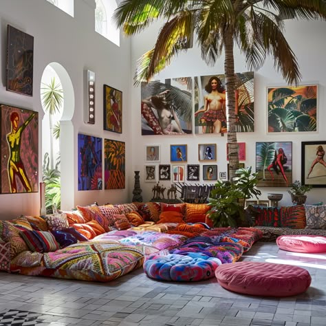 Colorful Miami Apartment, Tropical Oasis Living Room, Eccentric Style House, Art Gallery Home Interior Design, Art Deco Maximalist Decor Ideas, Art Room Ideas Home, Rustic Eclectic Home, Art Collector Home, Art Gallery Interior Design