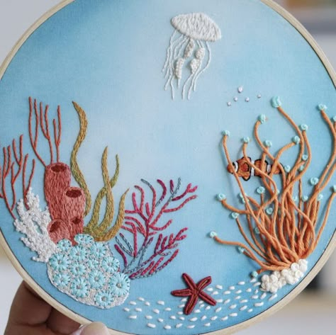 Under The Sea Embroidery Ideas, Ocean Embroidery, Embroidery Theme, Nautical Embroidery, Mermaid Embroidery, Embroider Ideas, Embroidery Hoop Crafts, Diy Embroidery Designs, Animal Embroidery Designs