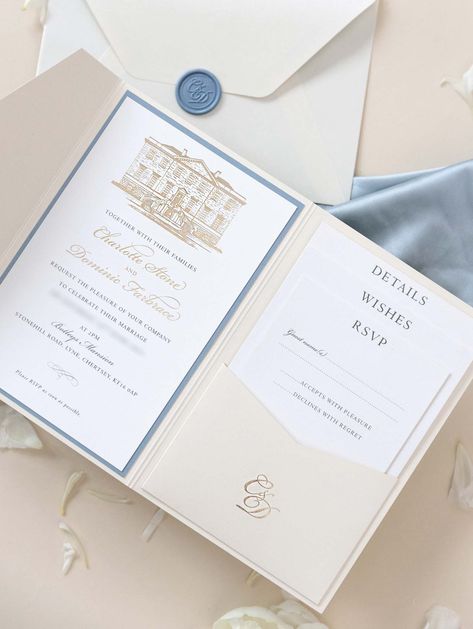 Your Venue taking centre stage with this Beautiful Gold Foiled Venue Suite in Classic Envelope Fold Pocket you can hold multiple cards for your guests, featuring your monogram in gold foil and on bespoke wax seals, this bespoke commission was made in Dusty Blue and Champagne. Other colours available for bespoke orders ( samples only in our sage green ) The sample commissioned here for Botleys Mantion, however we would work with you on your wedding venue and commission all aspects bespoke to you Venue Invitation, Wedding Venue Illustration, Ribbon Invitation, Cricut Wedding Invitations, Venue Illustration, Blue Champagne, Bespoke Wedding Invitations, Light Blue Wedding, Wedding 2025