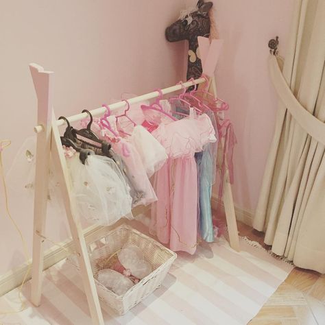 We are loving our new clothes rail to hang Imogens dressing up clothes on! Handmade by @raffertysroom check out their Instagram page!… Kids Fancy Dress Rail, Dressing Up Rail, Girls Dress Up Station, Dressing Up Storage Kids, Dress Up Area, Dress Up Stations, Toddler Dress Up, Dress Storage, Dress Up Storage