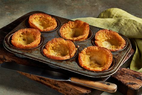 Vegan Yorkshire Puddings | Vegan Food & Living Vegan Sunday Roast Dinner, Vegan British Breakfast, Gf Yorkshire Pudding Gluten Free, Vegan In Scotland, Vegan Yorkshire Pudding, Yorkshire Pudding Recipe, Vegan Magazine, Yorkshire Pudding Recipes, Yorkshire Puddings