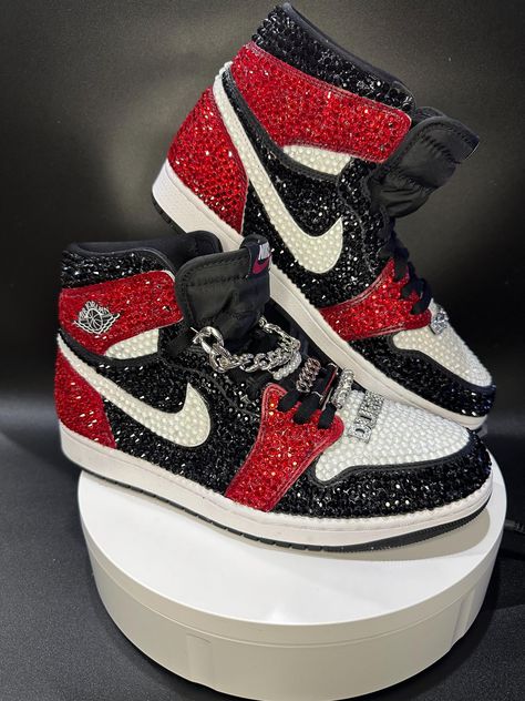 Rhinestone Sneakers, Sneaker Ball, Custom Rhinestone, Pretty Shoes Sneakers, Jordan 1 High Og, Air Jordan 1 High, Jordan 1 High, Pretty Shoes, Sneakers Athletic