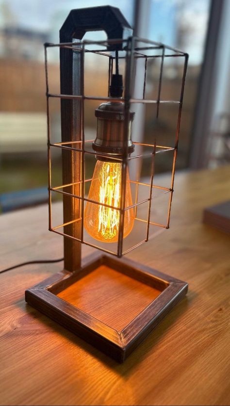 Industrial Design Lamp, Steel Design Ideas, Welding Furniture, Industrial Lamp Design, Modern Steel Gate Design, Industrial Lighting Design, Wood Lamp Design, Unique Table Lamp, Copper Lamp