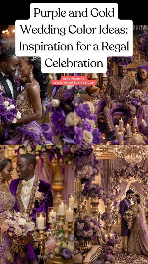 A stunning wedding couple in full body, surrounded by elegant purple and gold decor, showcasing the regal theme of their celebration with matching flowers and attire. Gold White Purple Wedding, Purple And Gold Wedding Decorations, Royal Purple And Gold Wedding, Color Schemes Purple, Purple And Gold Wedding Theme, Plum And Gold Wedding, Dark Purple Wedding Theme, Purple Gold Wedding, Copper Wedding Theme