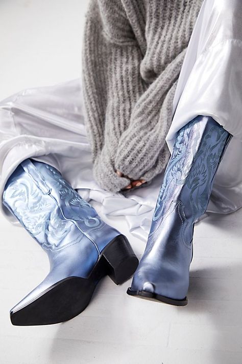 Dagget Western Boots | Free People Cowgirl Boots Outfit Summer, Winter Wedding Boots, Blue Cowgirl Boots, Summer Boots Outfit, Blue Cowboy Boots, Blue And White Outfits, Cowgirl Boots Outfit, Upcoming Fashion Trends, Wedding Boots