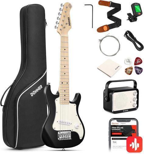 Donner 30 Inch Kids Electric Guitar Beginner Kits ST Style Mini Electric Guitar for Boys Girls with Amp, 600D Bag, Tuner, Picks, Cable, Strap, Extra Strings, DSJ-100, Black Cheap Electric Guitars, Electric Guitar Collection, Mini Electric Guitar, Silver Electric Guitar, Sg Electric Guitar, Electric Guitar Kits, Guitar Kits, Electric House, Online Lessons