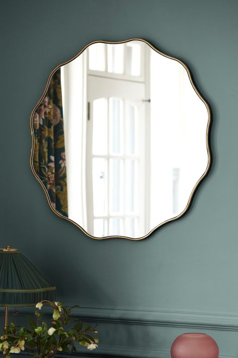 Cloakroom Mirror, Cloakroom Wallpaper, Conservatory Furniture, Statement Mirror, House Vibes, Circle Mirror, Cosy Room, Chimney Breast, Mirror Ideas