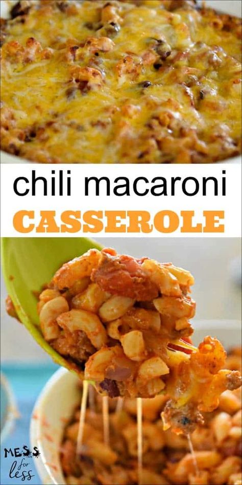 Combine chili and mac and cheese to make this Chili Macaroni Casserole from Mess for Less. It is meaty, cheesy and delicious. Chili Mac Casserole, Stromboli Recipes, Chili Macaroni, Macaroni Casserole, Quick Family Dinners, Chili Mac And Cheese, Recipes Rice, Chili Mac, Baked Pasta