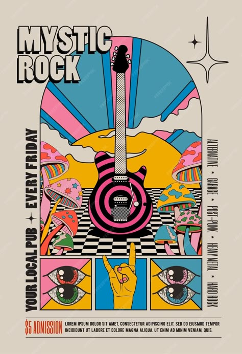 Premium Vector | Retro vintage styled psychedelic rock music concert or festival flyer or poster design template Pop Music Poster, Pop Art Logo, Risograph Poster, Poster Grafico, Festival Branding, Concert Poster Design, Poster Graphic Design, Black Poster, Music Concert Posters