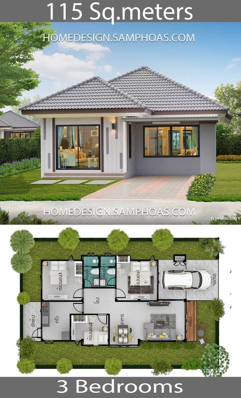 115 Sqm 3 Bedrooms Home Design Idea - Home Ideas Three Bedroom House Plan, House Plans 3 Bedroom, Modern Bungalow House, 4 Bedroom House Plans, Three Bedroom House, Simple House Design, House Plan Gallery, Simple House Plans, Small House Design Plans