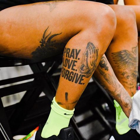 Tattoos Representing God, Back Of The Leg Tattoos Men, Cool Leg Sleeve Tattoos Men, Tattoos Back Of Leg, Scripture Leg Tattoos Women, Tattoos Bible, Pray Love Forgive Tattoo, 11 11 Tattoos, 1 Of 1 Tattoo Men