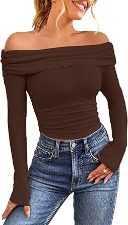 Meetrendi Women's Off Shoulder Tops Y2K Slim Fit Long Sleeves Spring Fall Blouse Tops Going Out Nightout Shirt Off The Shoulder Top Outfit, Shoulder Tops Outfit, Dressy Blouses, Fall Blouse, Dressy Blouse, Business Tops, Y2k Clothes, Shoulder Tops, Blouse Tops