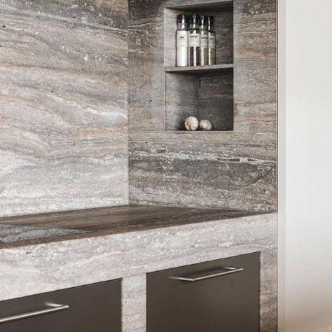 Silver Travertine Vein Cut Kitchen Countertop Travertine Countertops, Travertine Bathroom, Natural Stone Kitchen, Vein Cut, Silver Travertine, Silver Bathroom, Baths Interior, Limestone Tile, Travertine Stone