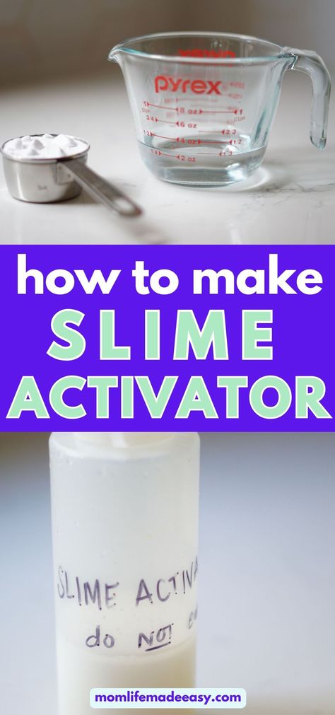 These three ways to make slime activator really work! They're cheaper than buying pre-mixed activators and you can make them in advance and have them ready to go for the next time you or your child wants to make slime. Slime is a great sensory activity and knowing how to make slime activator only makes it easier to make the great activity for kids happen! Home Made Slime For Kids Easy, Borax Slime Activator Recipe, Slime Recipe With Activator And Glue, Slime Activator Substitute, How To Make Slime Not Sticky, Make Slime Without Activator, How To Activate Slime Without Activator, Ways To Make Slime Without Activator, Easy Slime Recipe No Activator