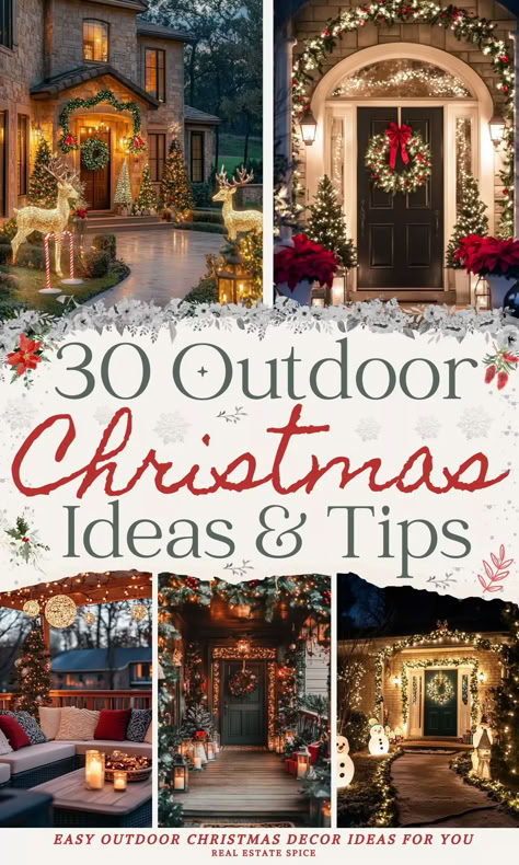 says 30 outdoor christmas ideas and tips with 5 images of outdoor christmas decorating ideas with front porch home walkway  deck snowmen reindeer christmas wreaths garlands twinkle lights below says easy outdoor christmas decor ideas for you Christmas Outdoor Decorations Ideas, Christmas Ideas Wishlist, Holiday Outdoor Decorations, Outdoor Christmas Ideas, Outdoor Christmas Light Displays, Outdoor Decorations Ideas, Outdoor Christmas Lights Ideas, The Nightmare Before Christmas Decorations, Outdoor Christmas Decor Ideas