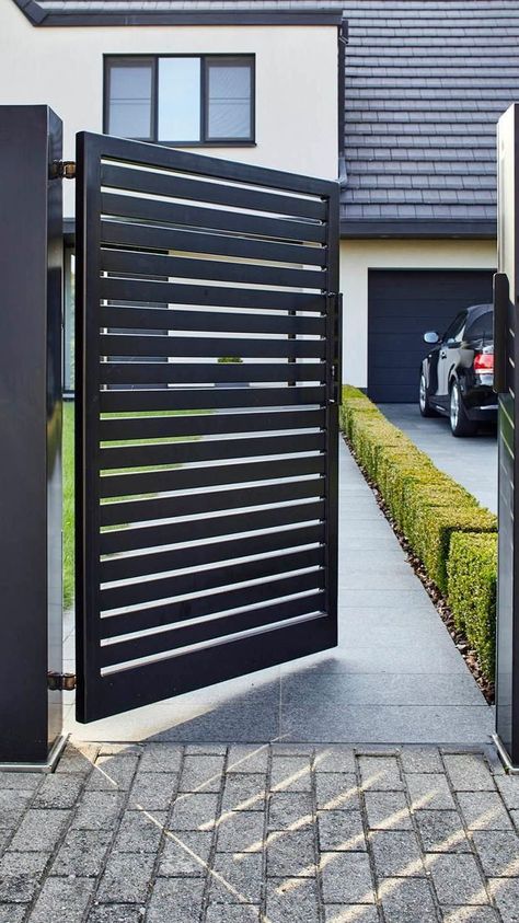 Home gate design modern simple Gard Modern, Pagar Modern, Modern Steel Gate Design, Home Gate Design, Gate Wall Design, Gate Designs Modern, Fence Gate Design, Modern Fence Design, House Fence Design