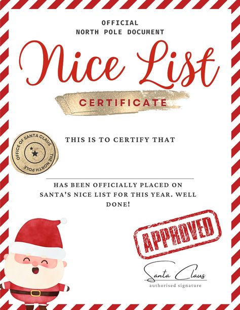 18 Nice List Certificates (Free PDF Printables) Elf On The Shelf Nice List Printable, Santa Nice List Certificate Free, Nice List Certificate Free Printable, Official Nice List Certificate, Christmas Certificate, Santa Nice List Certificate, Christmas List Printable, Frozen Silhouette, Free Letters From Santa