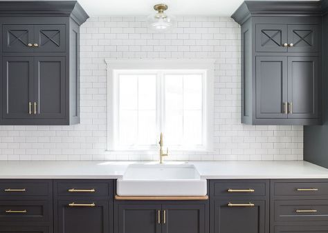 Hot New Kitchen Trend: Dark Cabinets, Subway Tile & Shiplap Lower Kitchen Cabinets, Backsplash With White Cabinets, Backsplash With Dark Cabinets, Outdoor Kitchen Countertops, Grey Kitchen Designs, Dark Grey Kitchen, Gray And White Kitchen, Gray Cabinets, Timeless Kitchen