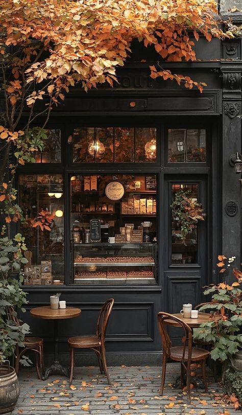 Restaurant Fall Decor, Cozy Cafe Bookstore, Autumn Coffee Shop Aesthetic, Fall Bookstore Aesthetic, Fall Outside Aesthetic, Magic Cafe Aesthetic, Cozy Neighborhood Aesthetic, British Tea Aesthetic, Autumn Cafe Aesthetic