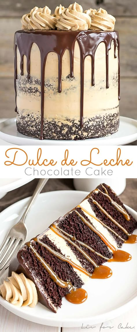 The ultimate combo of chocolate and caramel come together in this delicious Chocolate Dulce de Leche Cake. | http://livforcake.com Leche Cake, Cake Pattern, Chocolate And Caramel, Yummy Desserts, Drip Cakes, Chocolate Cake Recipe, Delicious Chocolate, Decadent Desserts, Cake Inspiration