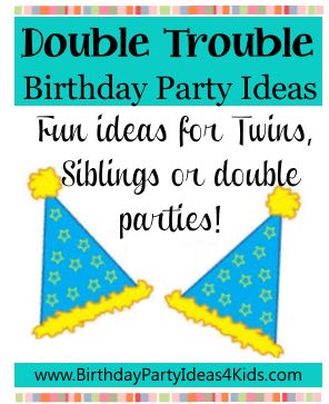 Double Trouble birthday party theme ... fun and easy ideas!   Great for twins, siblings or double birthday parties!  http://www.birthdaypartyideas4kids.com/double-trouble.htm Twice The Fun Two Parties In One, Double Trouble Party Theme, Double Trouble Birthday Party, Double Party Ideas, Sibling Party Themes, Combined 2nd And 3rd Birthday Party, Twins 5th Birthday Party Ideas, Double Birthday Party Ideas Boy And Girl, Double Trouble Birthday Theme