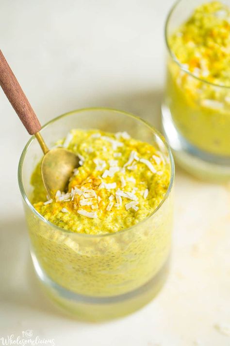 Golden Milk Chia Pudding - Wholesomelicious New Food Trends, Healthy Blueberry Muffins, Peanut Butter Granola, Healthy Blueberry, Healthy Peanut Butter, Golden Milk, Chia Seed Pudding, Flavored Milk, Breakfast Meal Prep