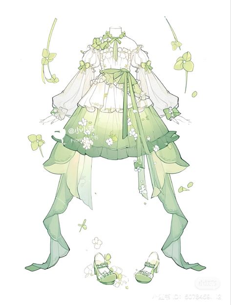 Green Outfit Design Drawing, Mythical Outfits Drawing, Cute Fantasy Outfits Drawing, Green Dress Drawing, Dress Reference Drawing, Nature Outfits, Vestidos Anime, Concept Art Tutorial, Dress Design Drawing