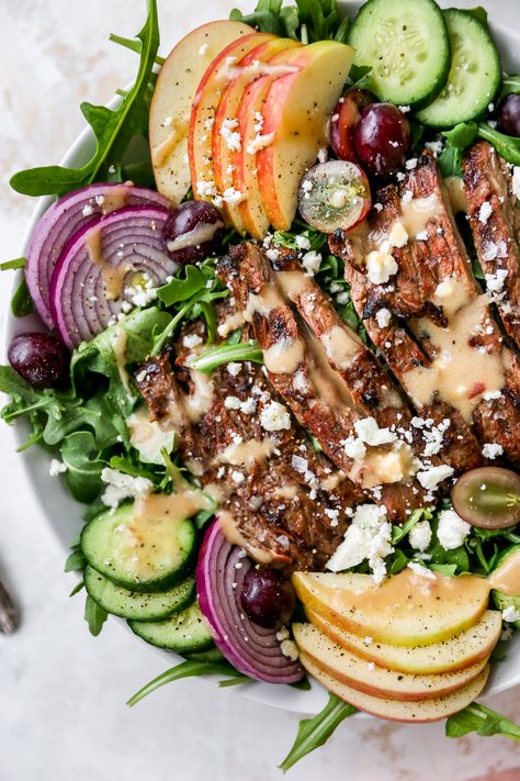 Marinated Skirt Steak Salad with Grapes, Apples, & Feta Fall Steak Salad, Skirt Steak Salad, Steak Salads, Marinated Skirt Steak, Steak Salad Recipe, Salad With Grapes, Skirt Steak Recipes, Autumn Salad Recipes, Adult Lunches